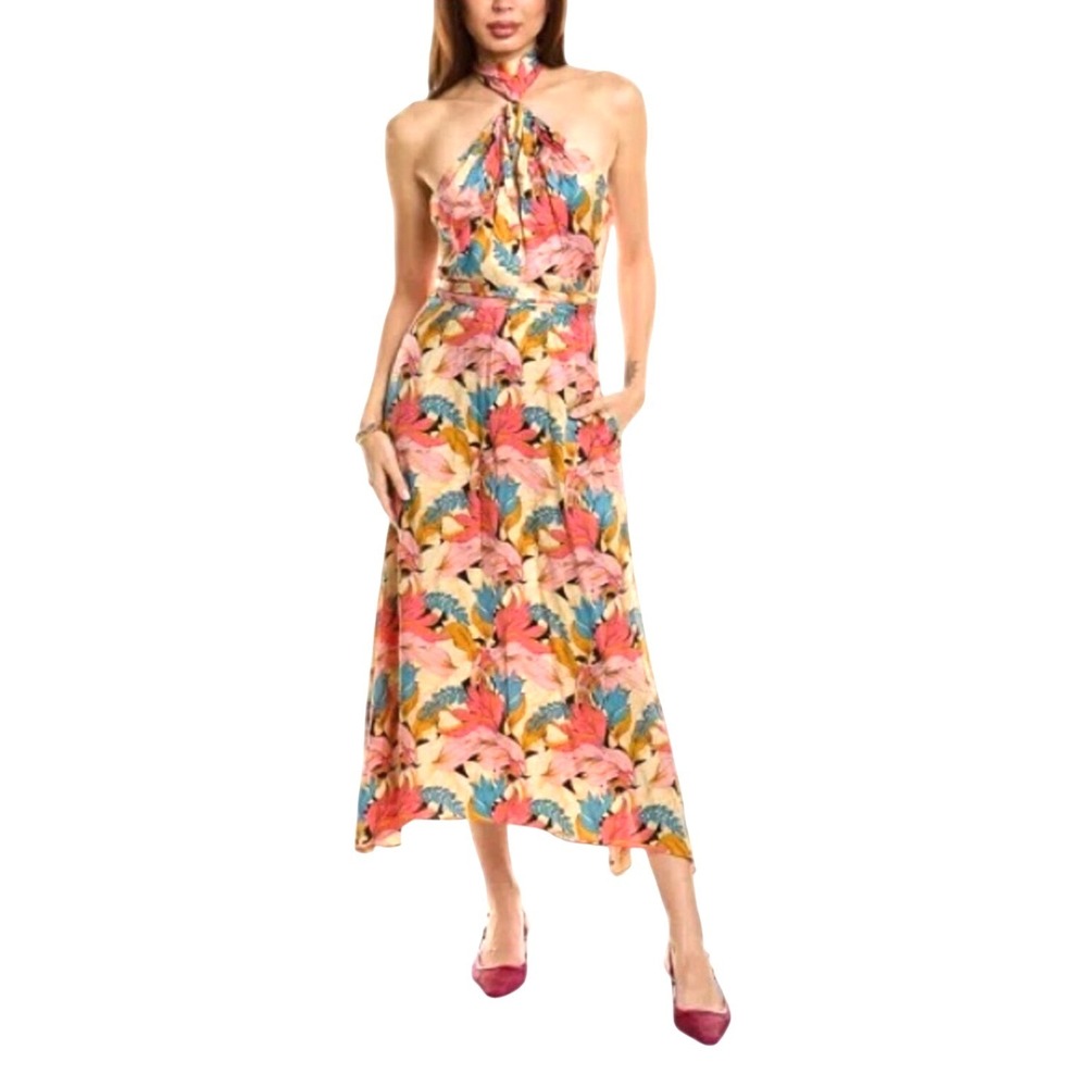 Reiss Dress Leanne Printed Halterneck Midi Coral Orange Floral Size US 6 NEW